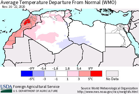 North Africa Average Temperature Departure from Normal (WMO) Thematic Map For 11/16/2020 - 11/22/2020
