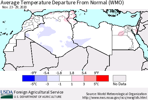 North Africa Average Temperature Departure from Normal (WMO) Thematic Map For 11/23/2020 - 11/29/2020