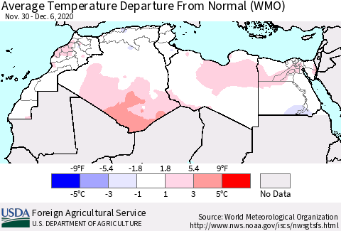 North Africa Average Temperature Departure from Normal (WMO) Thematic Map For 11/30/2020 - 12/6/2020