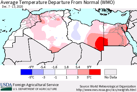 North Africa Average Temperature Departure from Normal (WMO) Thematic Map For 12/7/2020 - 12/13/2020