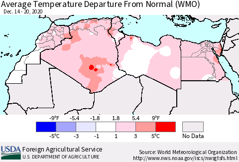 North Africa Average Temperature Departure from Normal (WMO) Thematic Map For 12/14/2020 - 12/20/2020