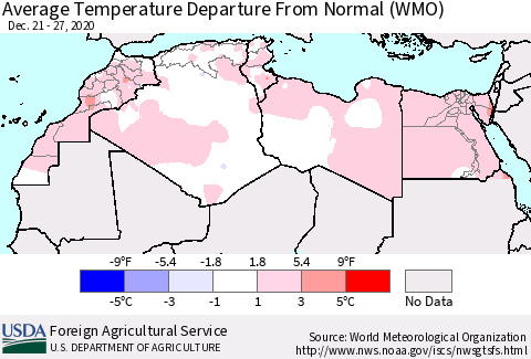 North Africa Average Temperature Departure from Normal (WMO) Thematic Map For 12/21/2020 - 12/27/2020
