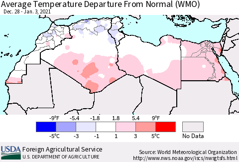North Africa Average Temperature Departure from Normal (WMO) Thematic Map For 12/28/2020 - 1/3/2021