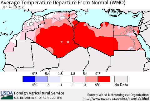 North Africa Average Temperature Departure from Normal (WMO) Thematic Map For 1/4/2021 - 1/10/2021
