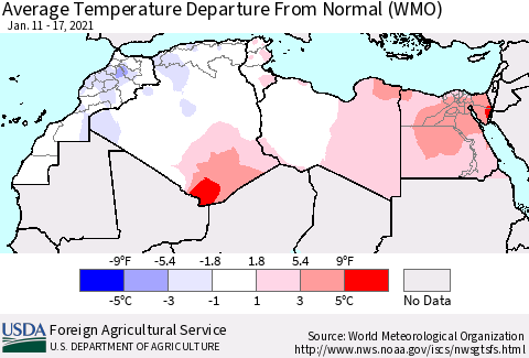 North Africa Average Temperature Departure from Normal (WMO) Thematic Map For 1/11/2021 - 1/17/2021