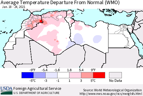 North Africa Average Temperature Departure from Normal (WMO) Thematic Map For 1/18/2021 - 1/24/2021