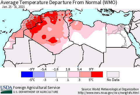 North Africa Average Temperature Departure from Normal (WMO) Thematic Map For 1/25/2021 - 1/31/2021