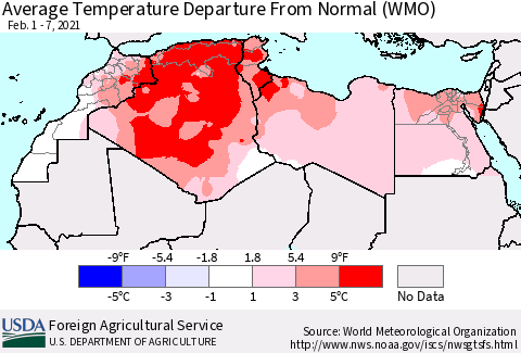 North Africa Average Temperature Departure from Normal (WMO) Thematic Map For 2/1/2021 - 2/7/2021