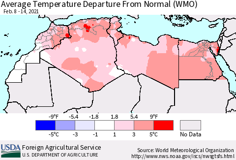 North Africa Average Temperature Departure from Normal (WMO) Thematic Map For 2/8/2021 - 2/14/2021
