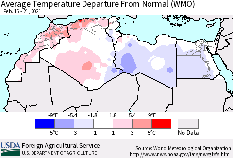 North Africa Average Temperature Departure from Normal (WMO) Thematic Map For 2/15/2021 - 2/21/2021