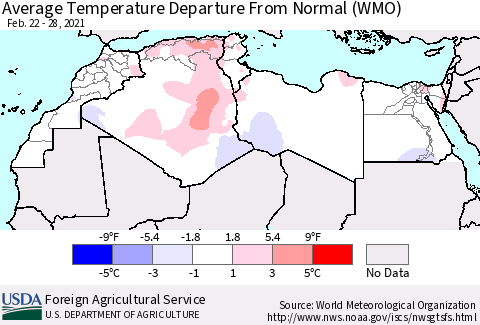 North Africa Average Temperature Departure from Normal (WMO) Thematic Map For 2/22/2021 - 2/28/2021