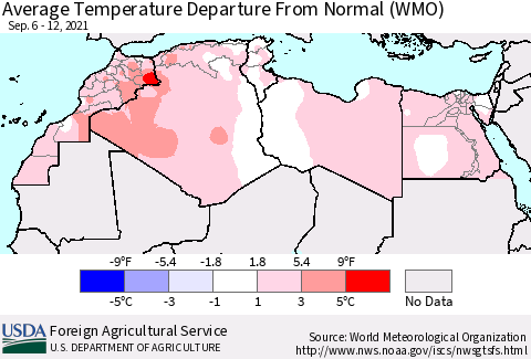 North Africa Average Temperature Departure from Normal (WMO) Thematic Map For 9/6/2021 - 9/12/2021
