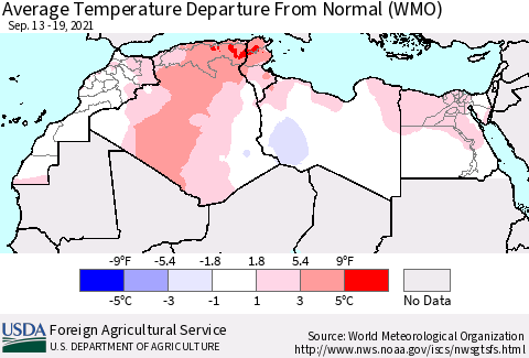 North Africa Average Temperature Departure from Normal (WMO) Thematic Map For 9/13/2021 - 9/19/2021