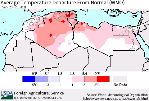 North Africa Average Temperature Departure from Normal (WMO) Thematic Map For 9/20/2021 - 9/26/2021