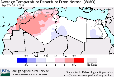 North Africa Average Temperature Departure from Normal (WMO) Thematic Map For 9/27/2021 - 10/3/2021