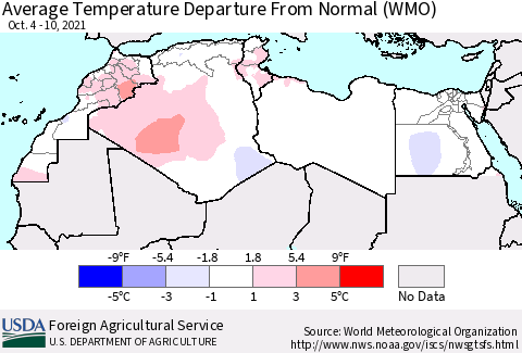 North Africa Average Temperature Departure from Normal (WMO) Thematic Map For 10/4/2021 - 10/10/2021