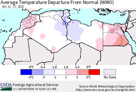 North Africa Average Temperature Departure from Normal (WMO) Thematic Map For 10/11/2021 - 10/17/2021