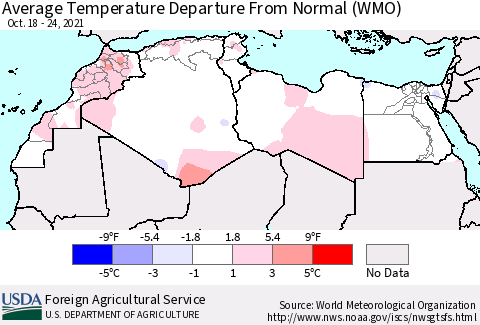 North Africa Average Temperature Departure from Normal (WMO) Thematic Map For 10/18/2021 - 10/24/2021