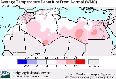 North Africa Average Temperature Departure from Normal (WMO) Thematic Map For 10/25/2021 - 10/31/2021