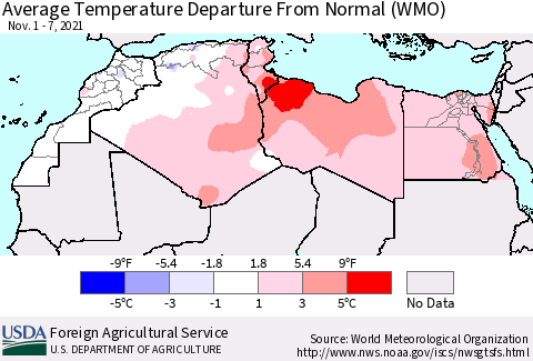 North Africa Average Temperature Departure from Normal (WMO) Thematic Map For 11/1/2021 - 11/7/2021