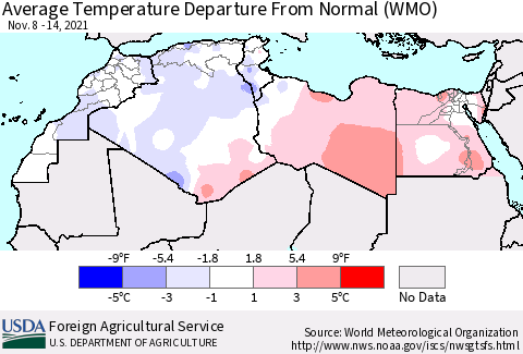North Africa Average Temperature Departure from Normal (WMO) Thematic Map For 11/8/2021 - 11/14/2021