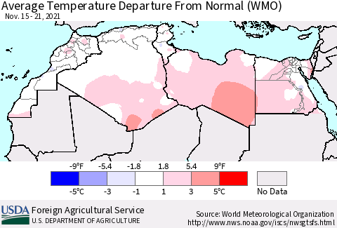 North Africa Average Temperature Departure from Normal (WMO) Thematic Map For 11/15/2021 - 11/21/2021