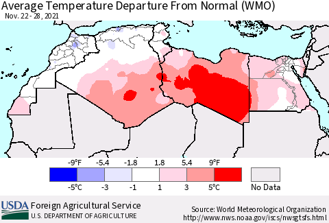 North Africa Average Temperature Departure from Normal (WMO) Thematic Map For 11/22/2021 - 11/28/2021