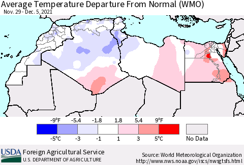 North Africa Average Temperature Departure from Normal (WMO) Thematic Map For 11/29/2021 - 12/5/2021