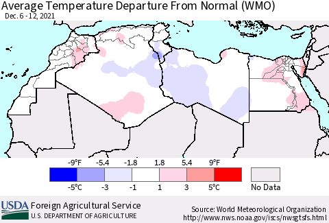 North Africa Average Temperature Departure from Normal (WMO) Thematic Map For 12/6/2021 - 12/12/2021