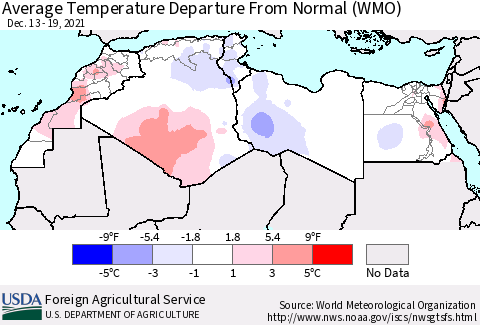 North Africa Average Temperature Departure from Normal (WMO) Thematic Map For 12/13/2021 - 12/19/2021