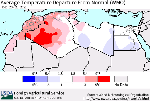 North Africa Average Temperature Departure from Normal (WMO) Thematic Map For 12/20/2021 - 12/26/2021