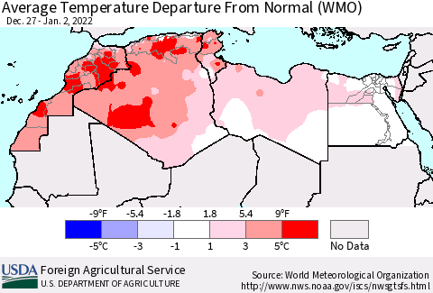 North Africa Average Temperature Departure from Normal (WMO) Thematic Map For 12/27/2021 - 1/2/2022