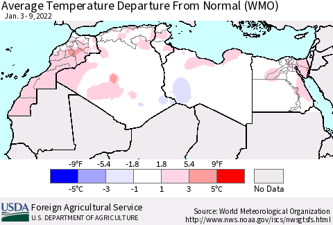 North Africa Average Temperature Departure from Normal (WMO) Thematic Map For 1/3/2022 - 1/9/2022