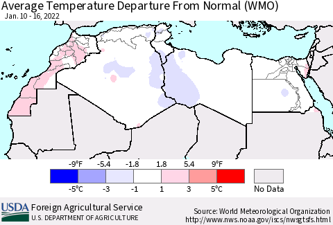 North Africa Average Temperature Departure from Normal (WMO) Thematic Map For 1/10/2022 - 1/16/2022