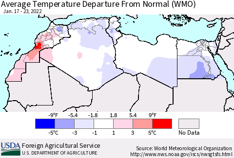 North Africa Average Temperature Departure from Normal (WMO) Thematic Map For 1/17/2022 - 1/23/2022