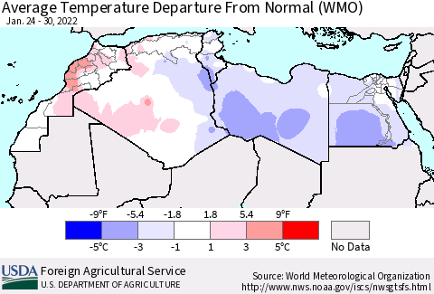 North Africa Average Temperature Departure from Normal (WMO) Thematic Map For 1/24/2022 - 1/30/2022