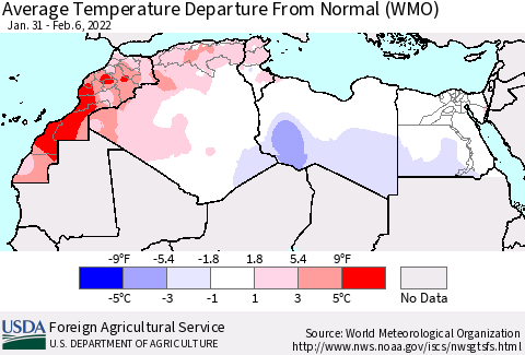 North Africa Average Temperature Departure from Normal (WMO) Thematic Map For 1/31/2022 - 2/6/2022