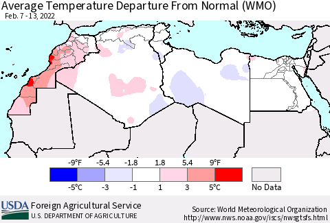 North Africa Average Temperature Departure from Normal (WMO) Thematic Map For 2/7/2022 - 2/13/2022