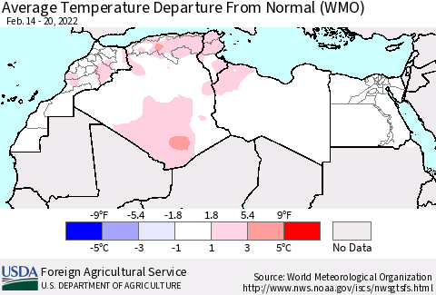 North Africa Average Temperature Departure from Normal (WMO) Thematic Map For 2/14/2022 - 2/20/2022