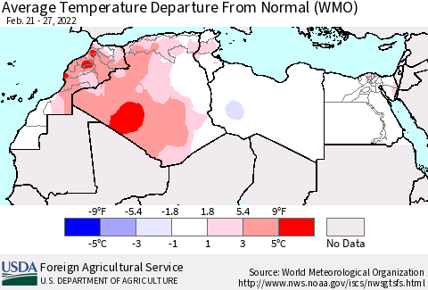 North Africa Average Temperature Departure from Normal (WMO) Thematic Map For 2/21/2022 - 2/27/2022