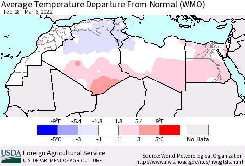 North Africa Average Temperature Departure from Normal (WMO) Thematic Map For 2/28/2022 - 3/6/2022