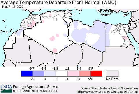 North Africa Average Temperature Departure from Normal (WMO) Thematic Map For 3/7/2022 - 3/13/2022
