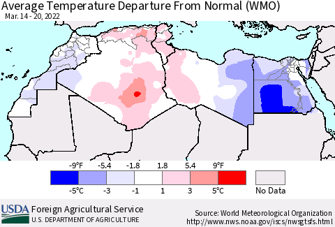 North Africa Average Temperature Departure from Normal (WMO) Thematic Map For 3/14/2022 - 3/20/2022