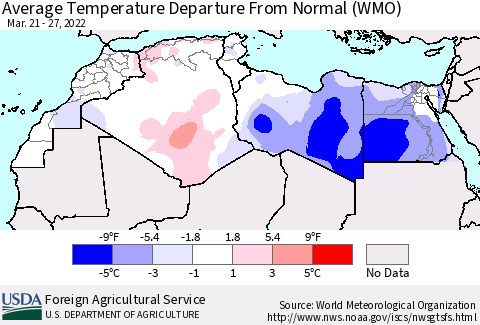 North Africa Average Temperature Departure from Normal (WMO) Thematic Map For 3/21/2022 - 3/27/2022