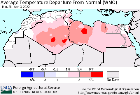 North Africa Average Temperature Departure from Normal (WMO) Thematic Map For 3/28/2022 - 4/3/2022