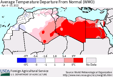 North Africa Average Temperature Departure from Normal (WMO) Thematic Map For 4/4/2022 - 4/10/2022