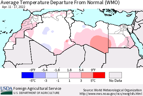 North Africa Average Temperature Departure from Normal (WMO) Thematic Map For 4/11/2022 - 4/17/2022