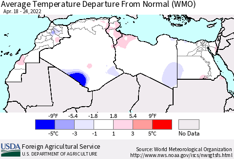 North Africa Average Temperature Departure from Normal (WMO) Thematic Map For 4/18/2022 - 4/24/2022