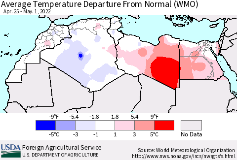 North Africa Average Temperature Departure from Normal (WMO) Thematic Map For 4/25/2022 - 5/1/2022