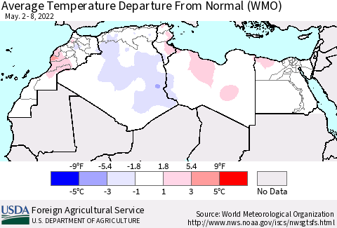North Africa Average Temperature Departure from Normal (WMO) Thematic Map For 5/2/2022 - 5/8/2022